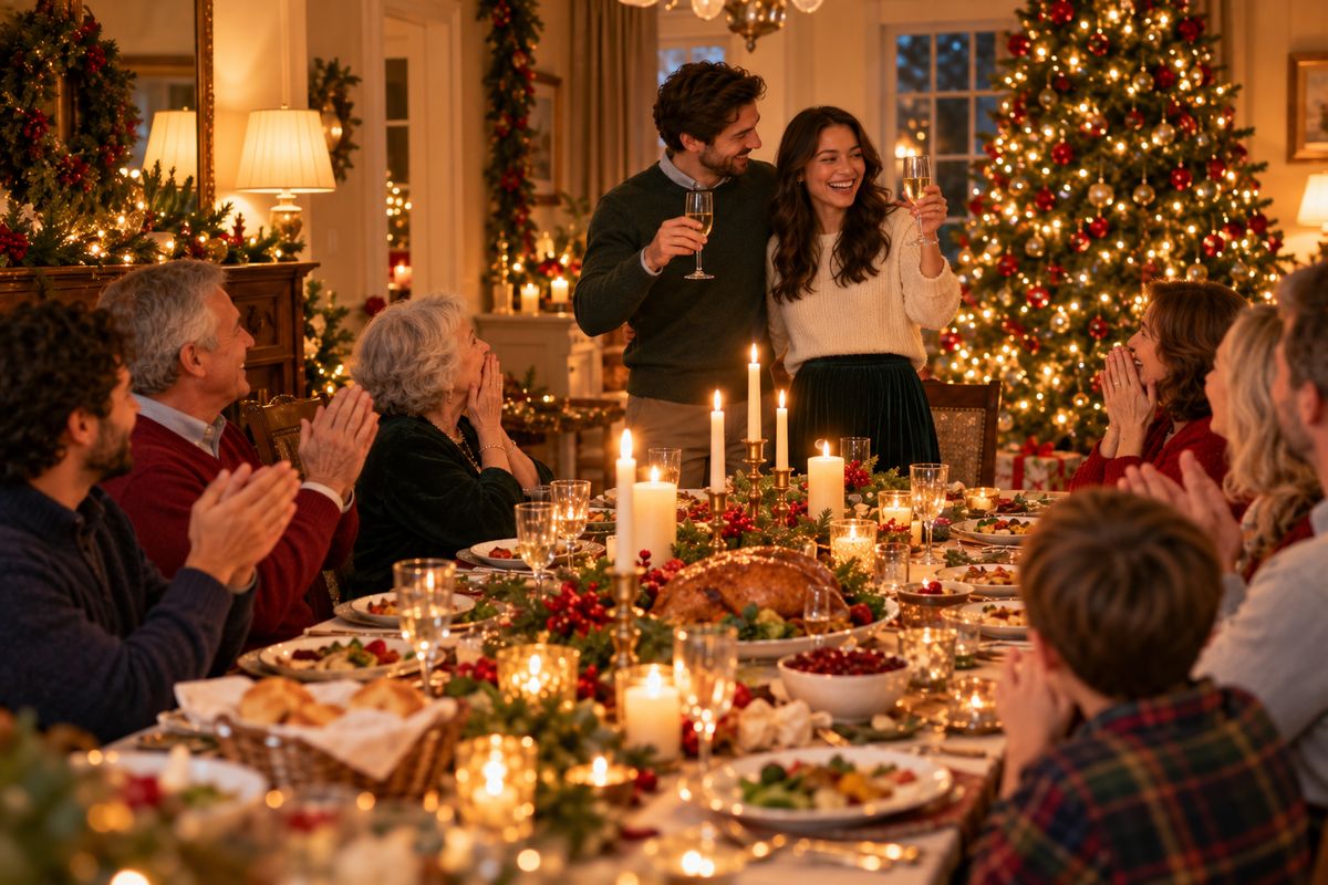 A young couple standing and raising glasses at the end of a candlelit Christmas dinner table as their family turns to them and claps