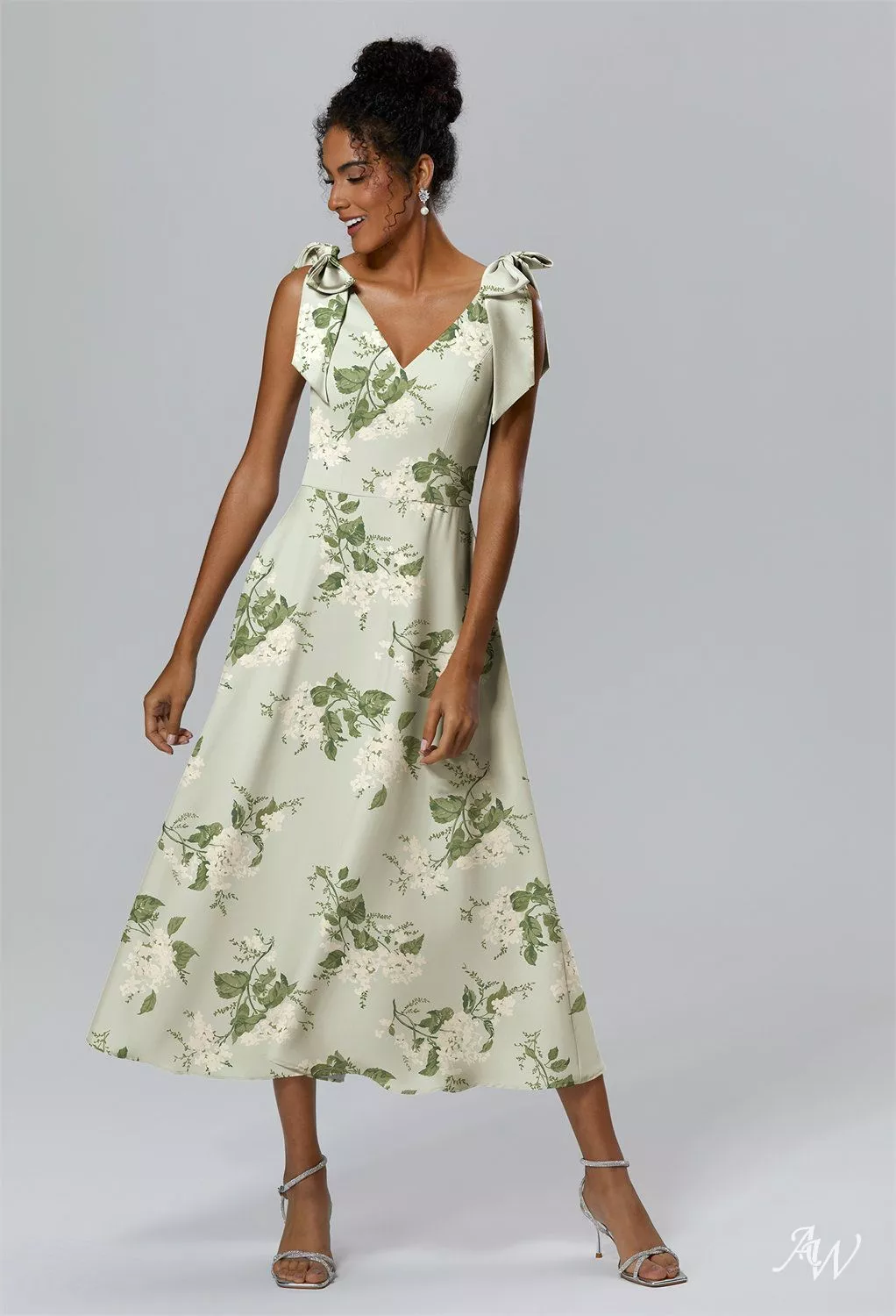 aw bridal green floral bridesmaid tea length verna sage