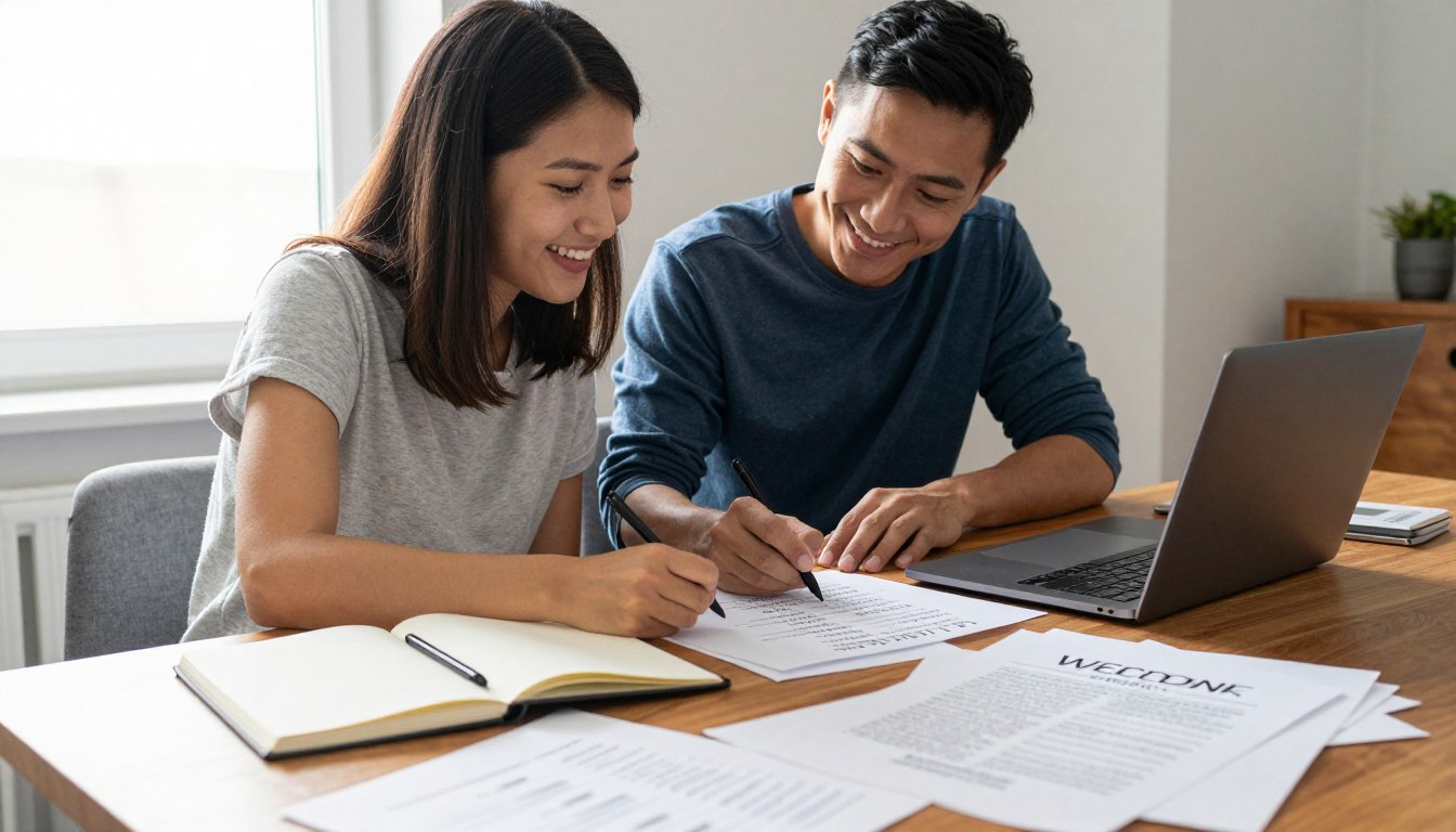 couple planning wedding guest list together at table with notebooks