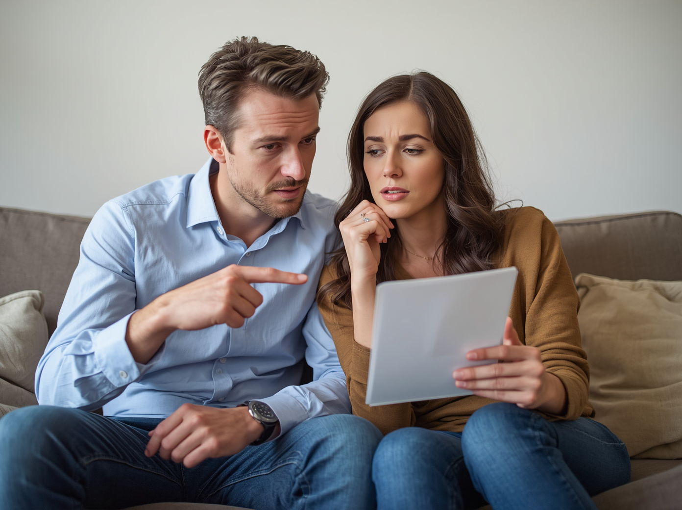 Couple reviewing wedding invitations and discussing guest list decisions while planning their wedding