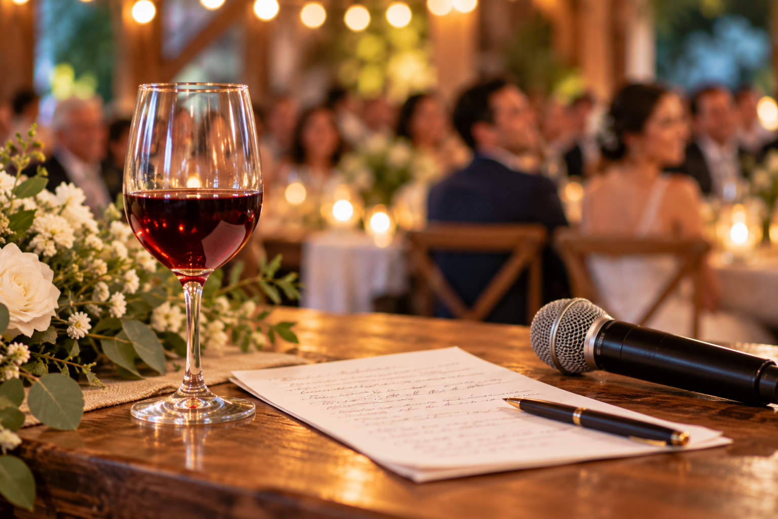 Glass of wine beside handwritten wedding toast notes and a microphone at a reception Glass of wine beside handwritten wedding toast notes and a microphone at a reception