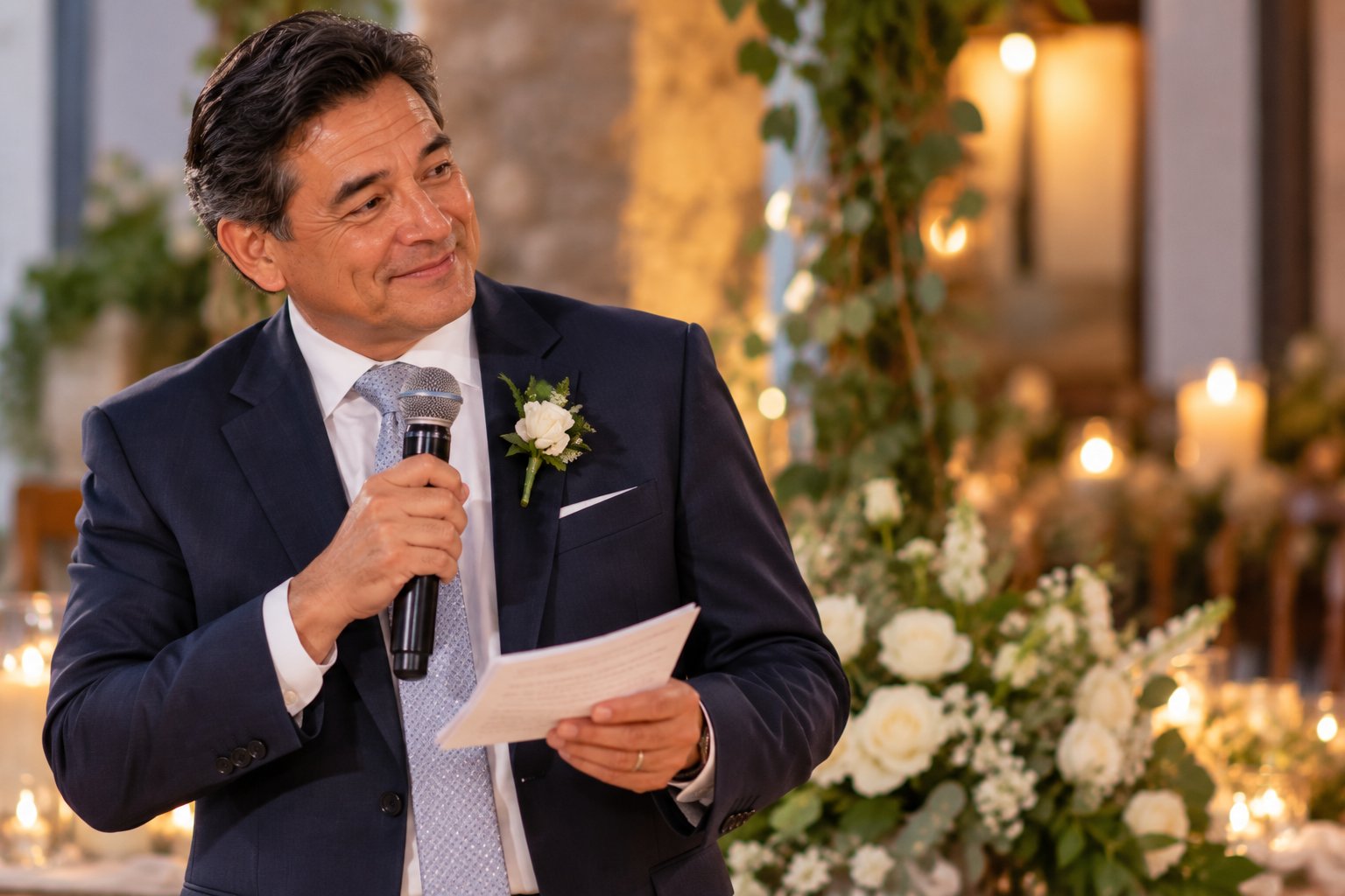 Father of the bride speaking into a microphone while delivering his wedding reception speech Father of the bride speaking into a microphone while delivering his wedding reception speech