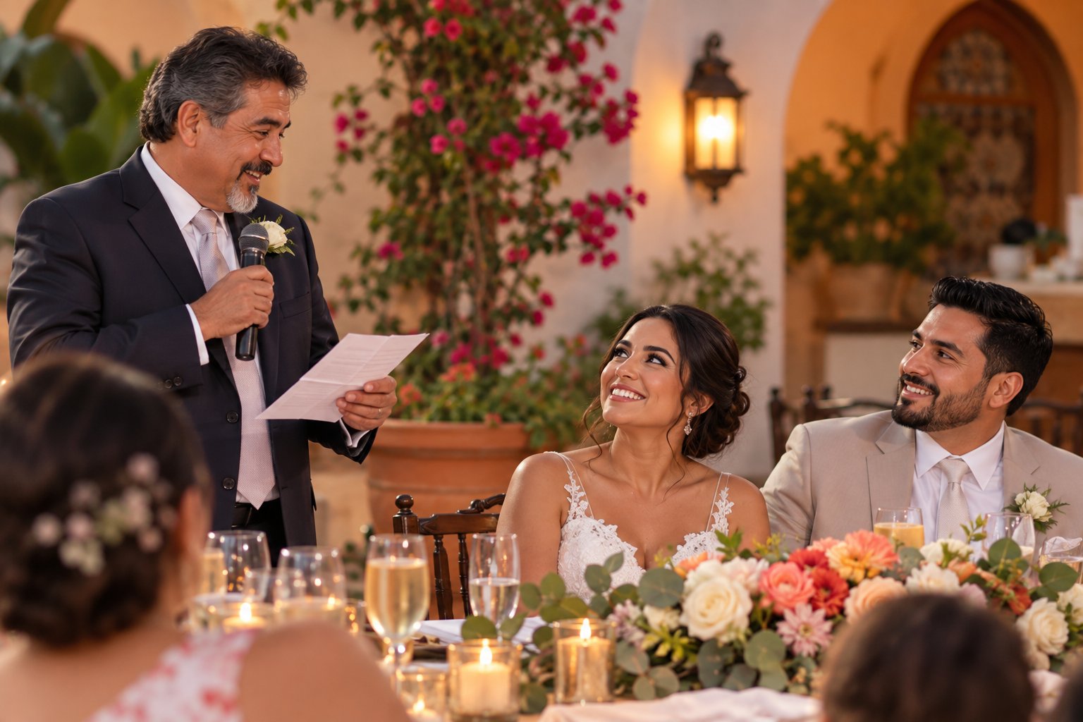 Father of the bride giving a wedding toast as his daughter and her spouse listen Father of the bride giving a wedding toast as his daughter and her spouse listen