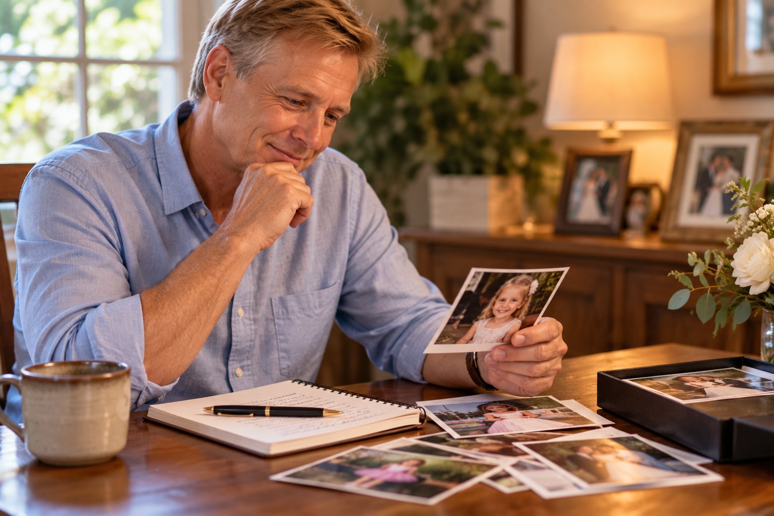Father looking through family photos while preparing his father of the bride speech Father looking through family photos while preparing his father of the bride speech
