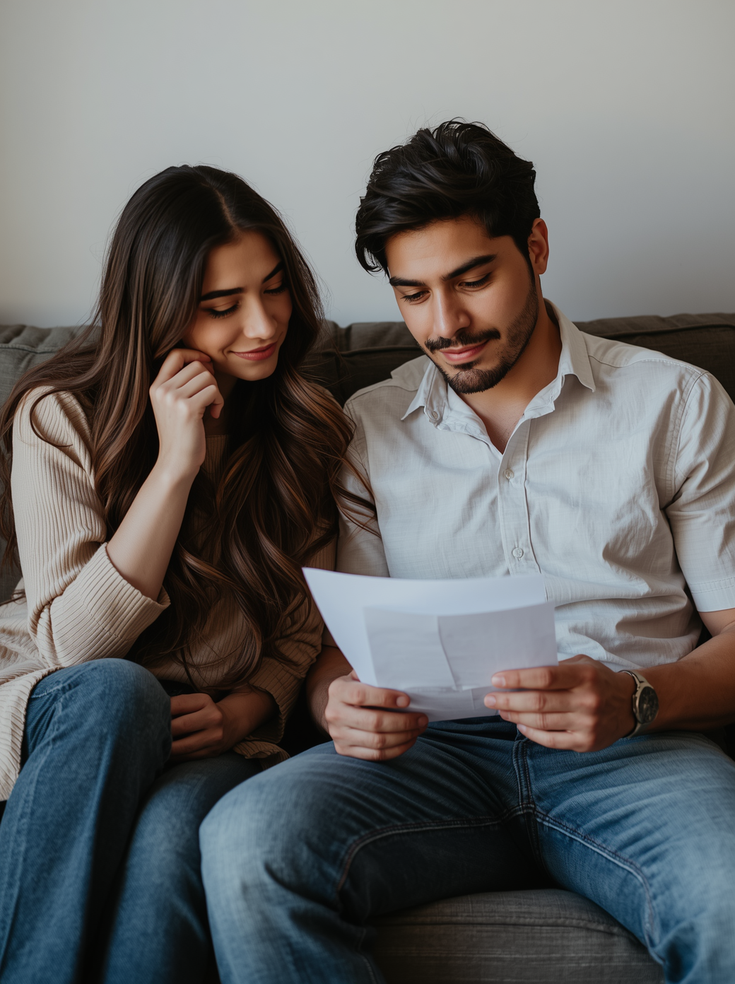 Couple reviewing wedding invitation details together while planning their guest list and making decisions about who to invite