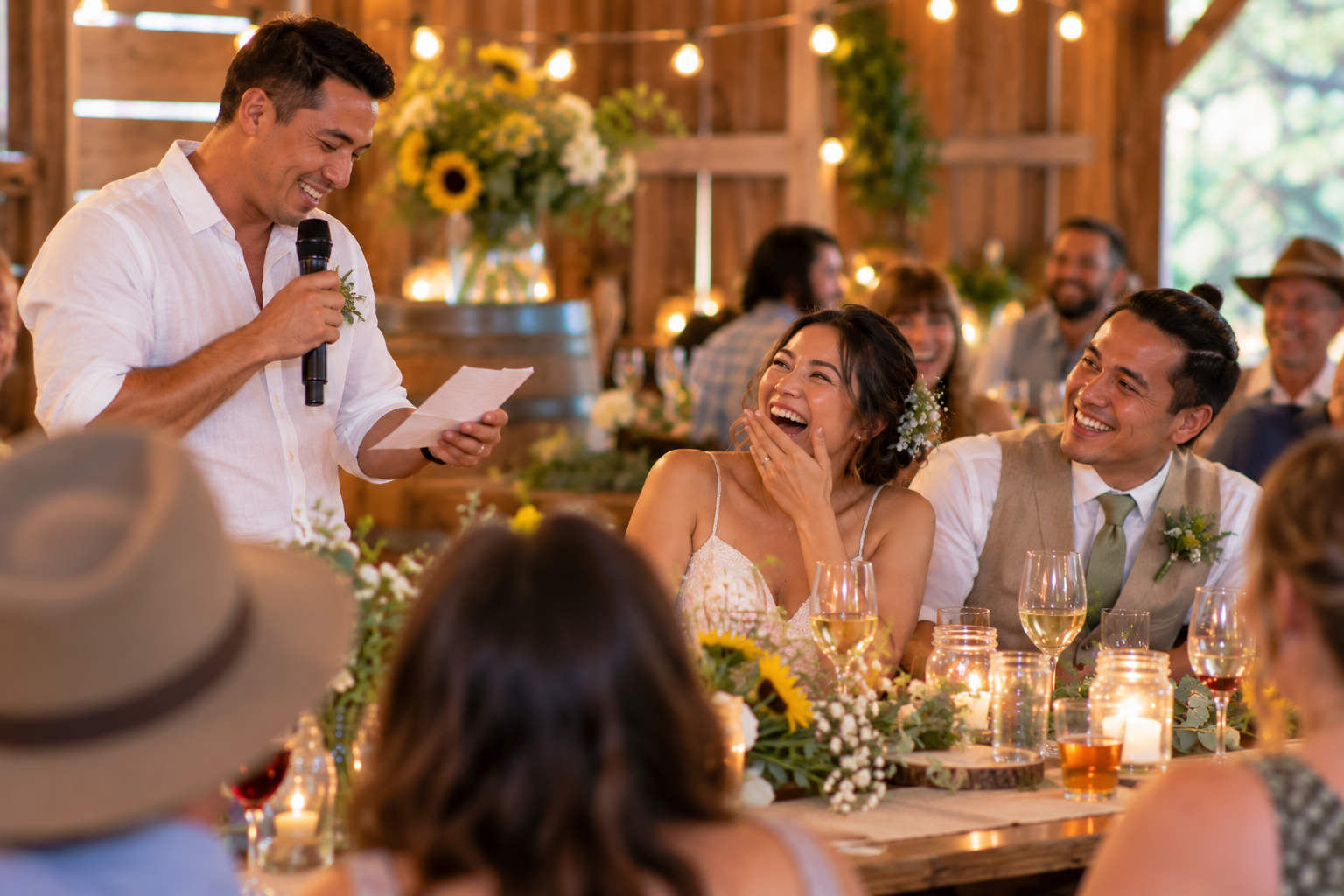 Asian bride and groom laughing as a guest gives a humorous wedding toast at a relaxed barn reception Asian bride and groom laughing as a guest gives a humorous wedding toast at a relaxed barn reception