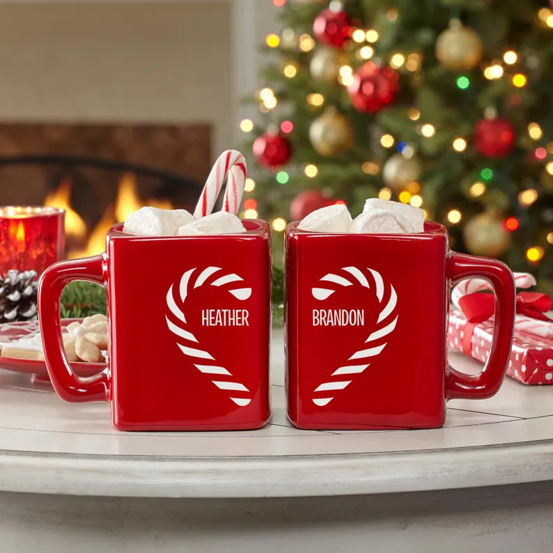 personalized matching couples candy cane mugs