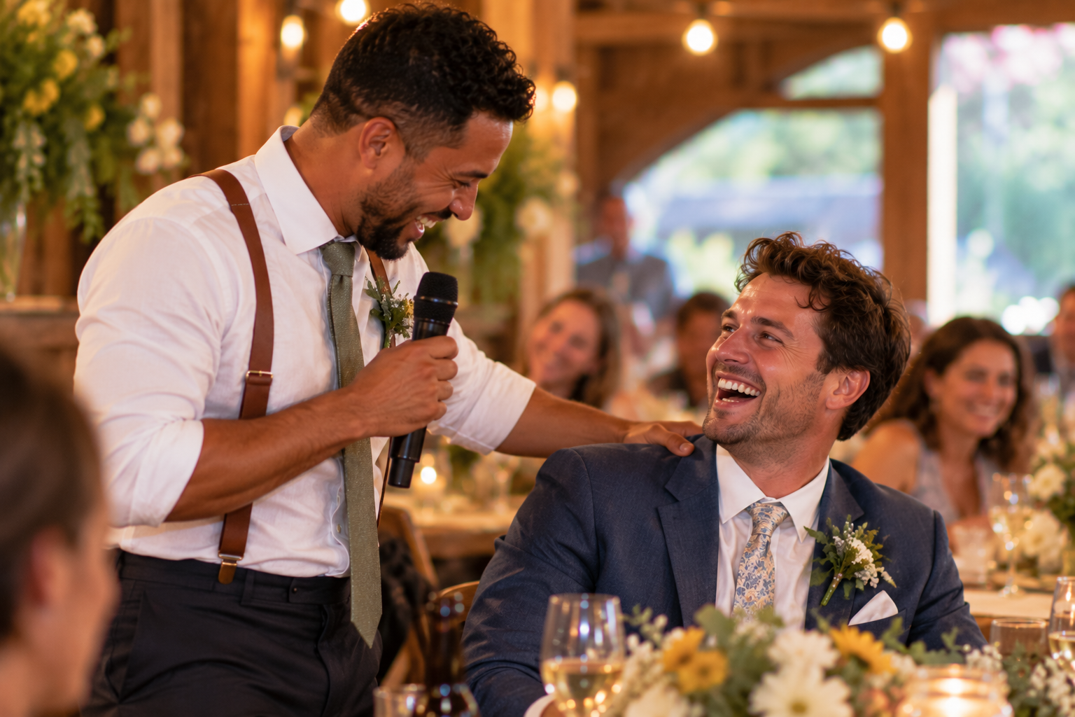 Wedding toast speaker and groom laughing together during a warm and affectionate reception toast Wedding toast speaker and groom laughing together during a warm and affectionate reception toast