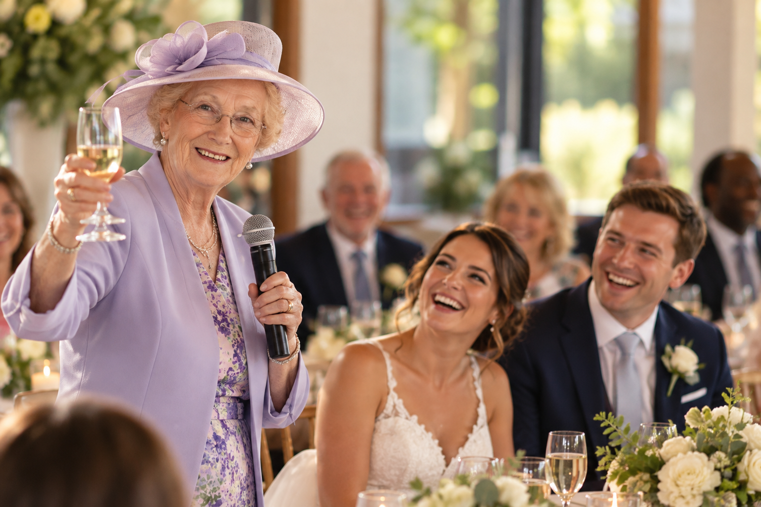 Bride and groom laughing together during a memorable wedding toast