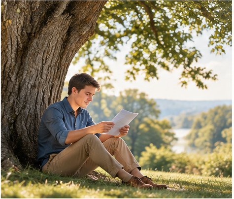 Person practicing a wedding toast alone beneath a tree