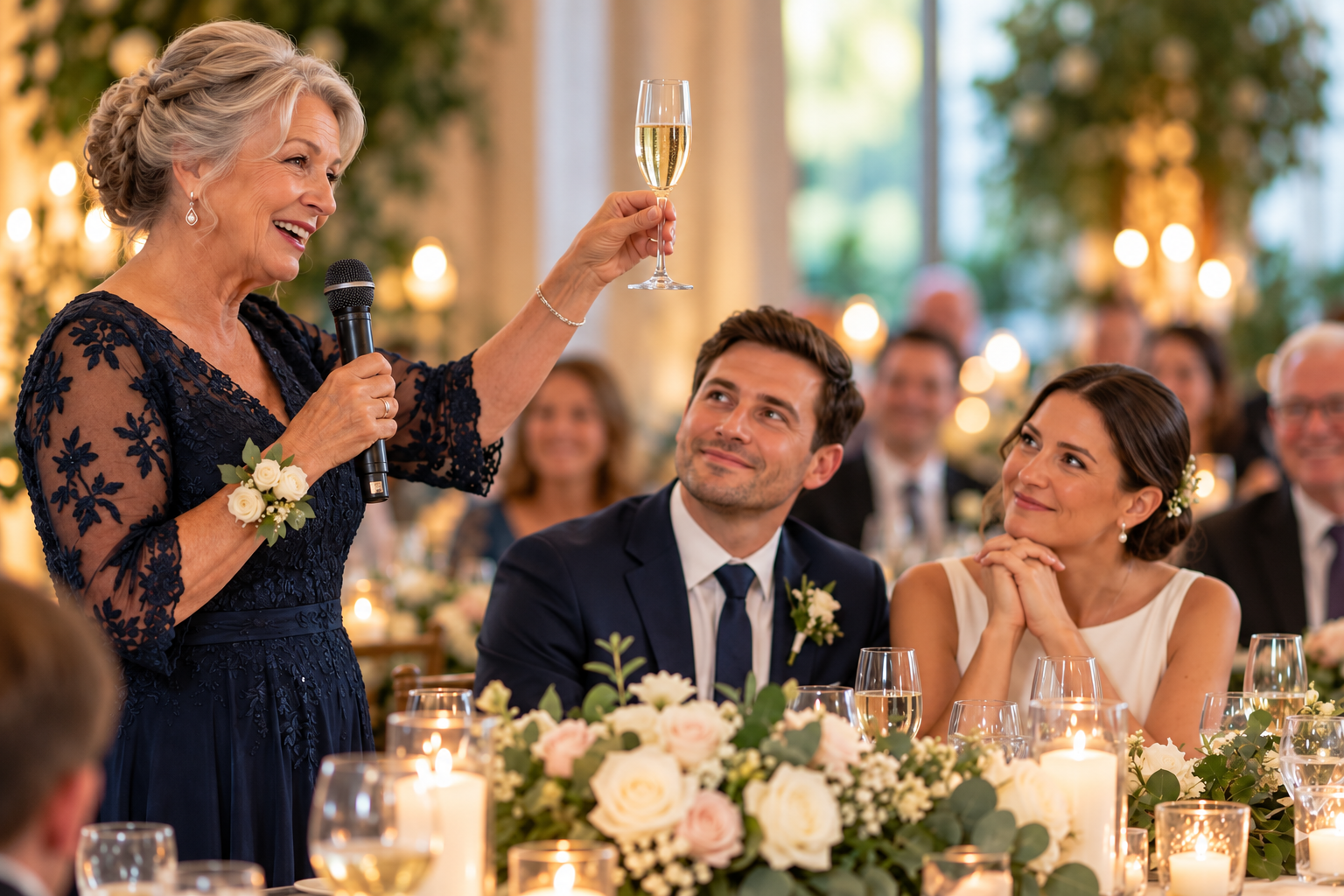 Older woman giving a wedding toast as the newly married couple listens