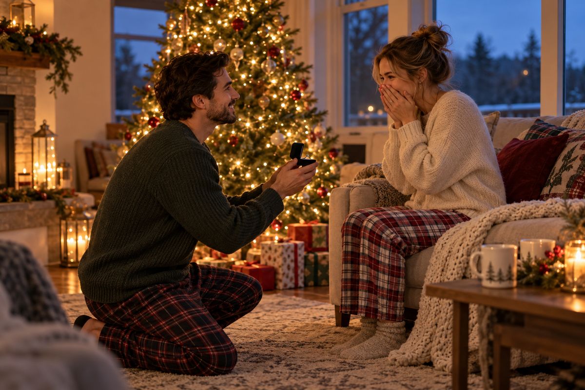 A couple by a glowing Christmas tree early in the morning, one holding out an open ring box as the other covers her mouth in surprise