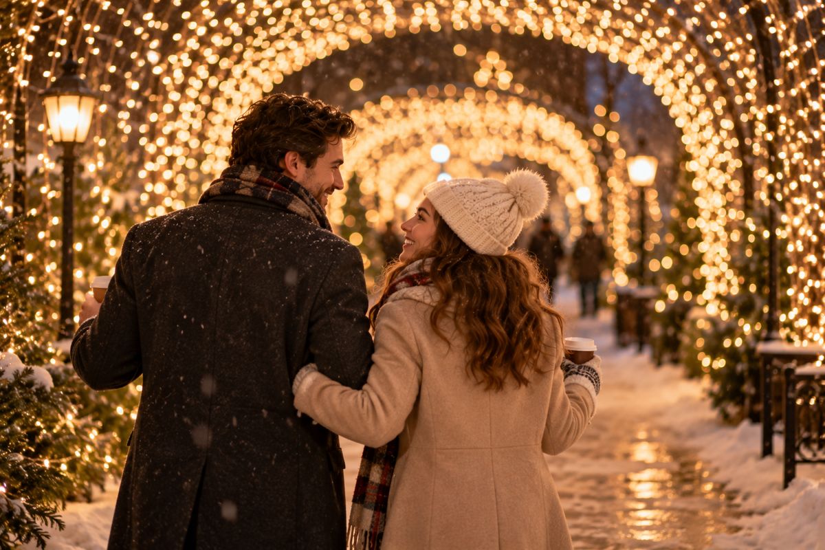 A couple in winter coats holding paper cups of hot chocolate, walking beneath an archway of warm Christmas lights at night