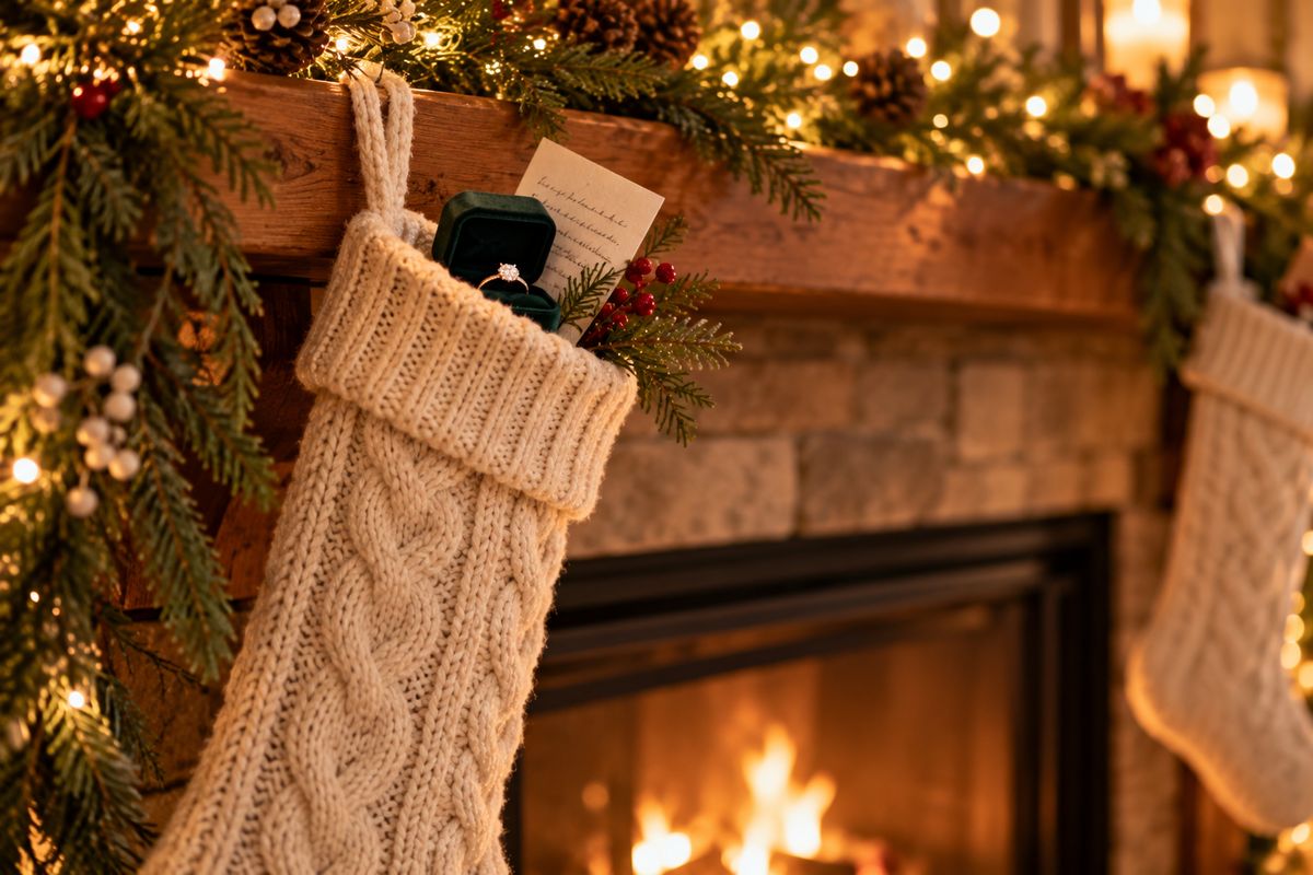 A small velvet ring box and a handwritten note tucked into the top of a knit Christmas stocking hanging from a mantel