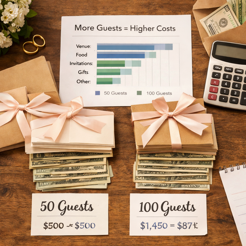 Wedding guest count comparison showing how 50 vs 100 guests significantly increases total wedding costs across budget categories