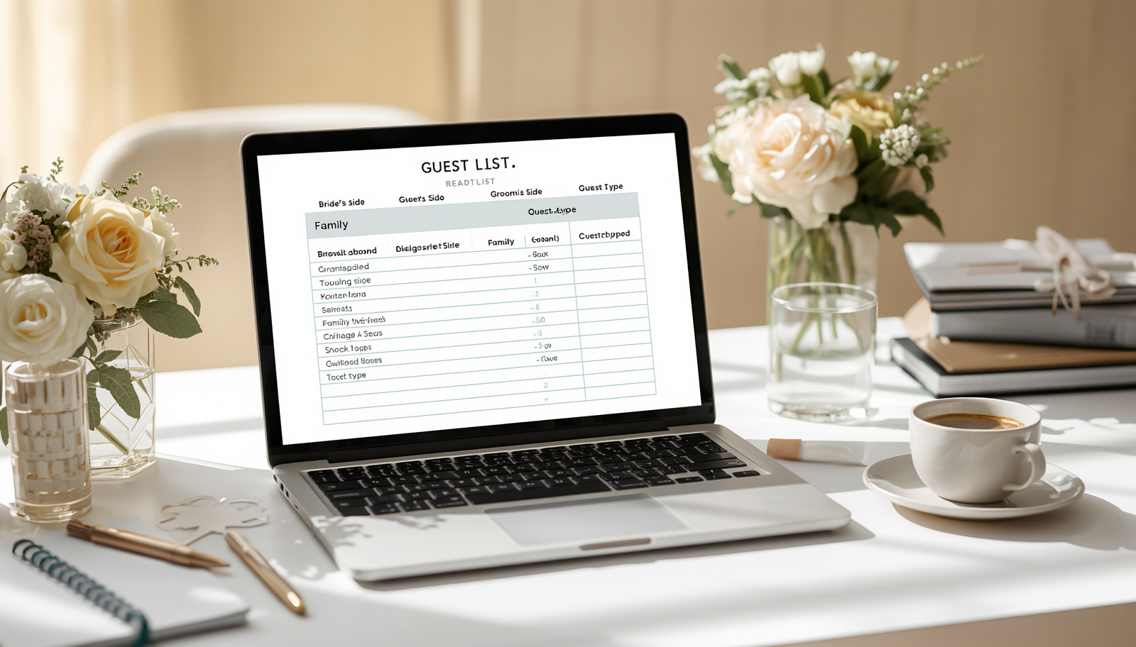 Wedding guest list categories displayed on a laptop spreadsheet on a styled table with flowers and notebook