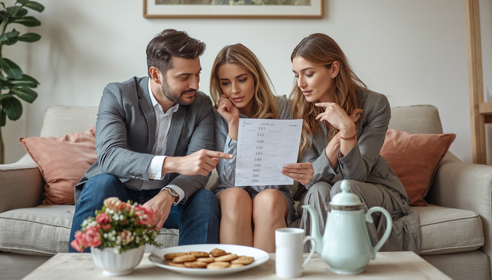 Couple reviewing wedding guest list numbers and budget details together while planning invitations and final guest count
