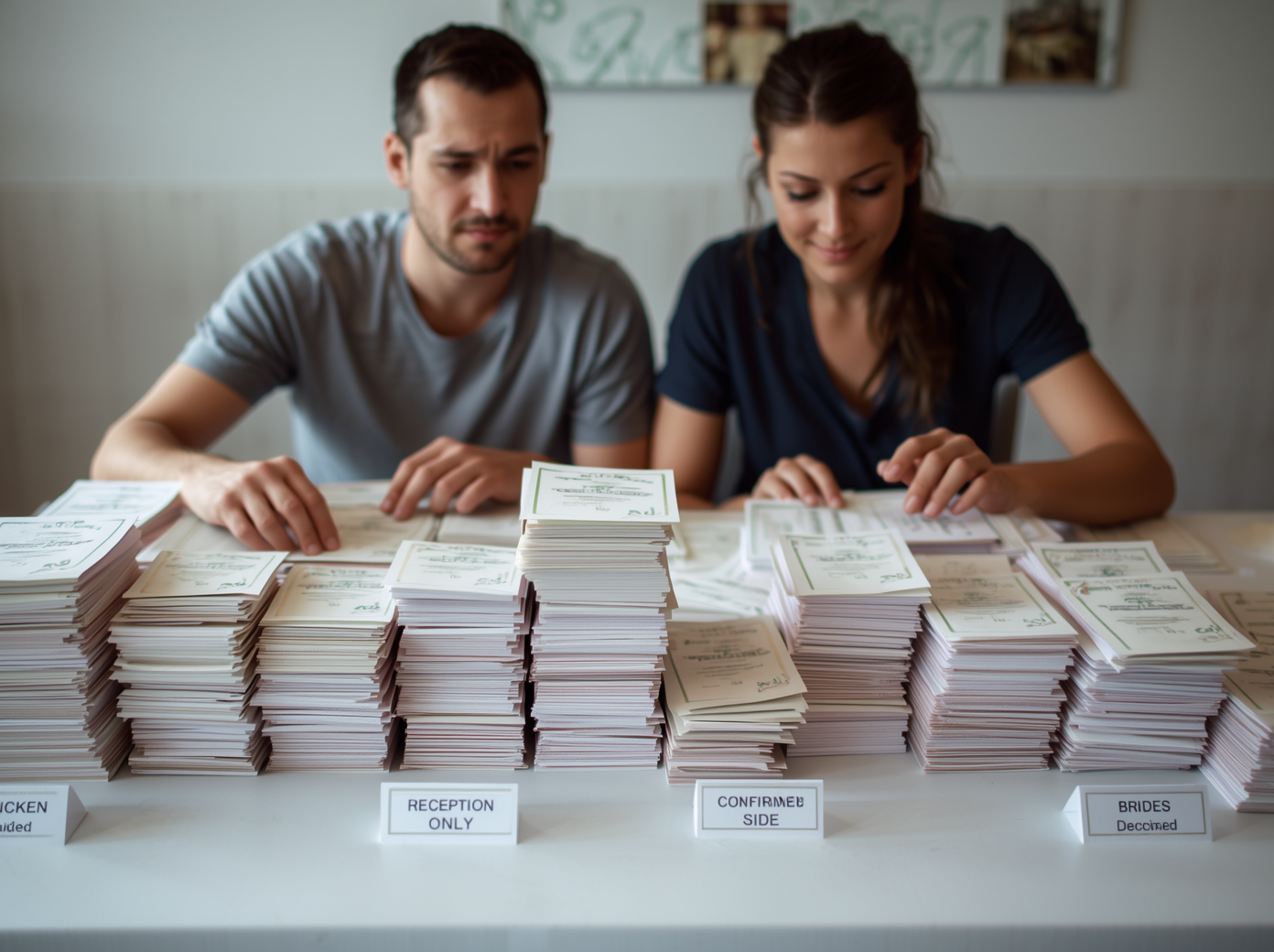 Couple organizing wedding invitations into stacks while tracking RSVPs and managing their guest list categories