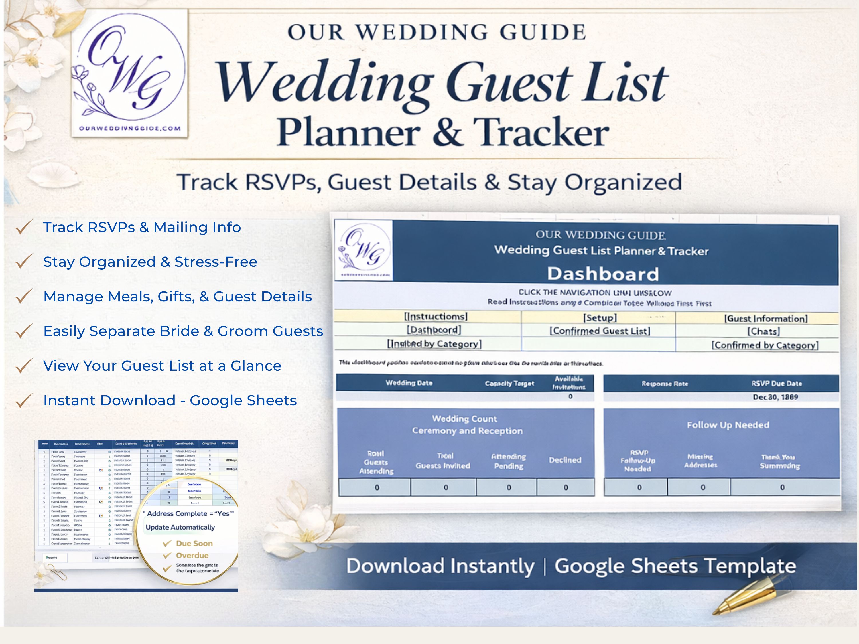 Wedding guest list planner and tracker Google Sheets template showing RSVP tracking, guest details, and dashboard overview
