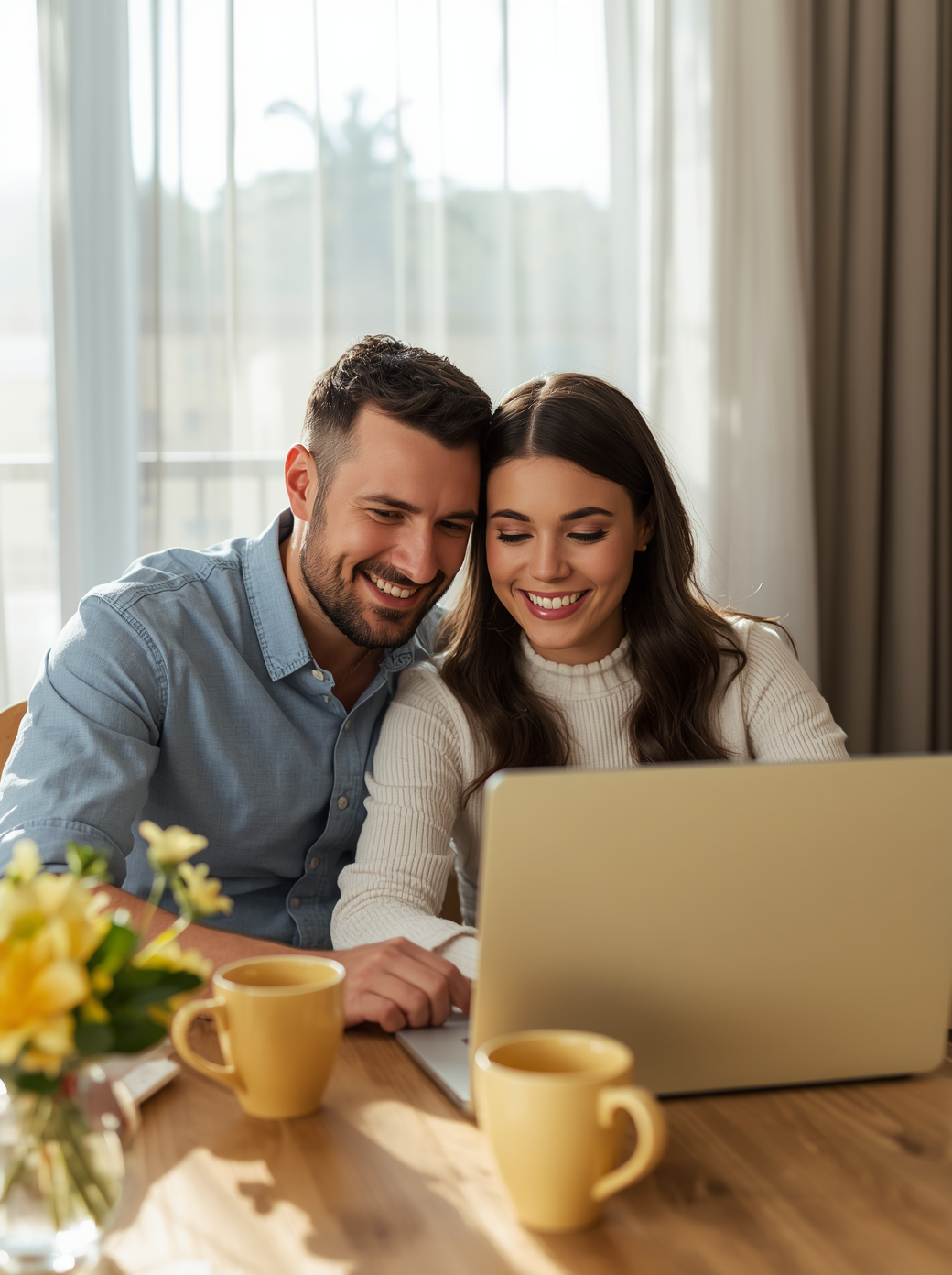 Couple planning their wedding guest list together on a laptop at home with coffee, discussing invitations and guest details