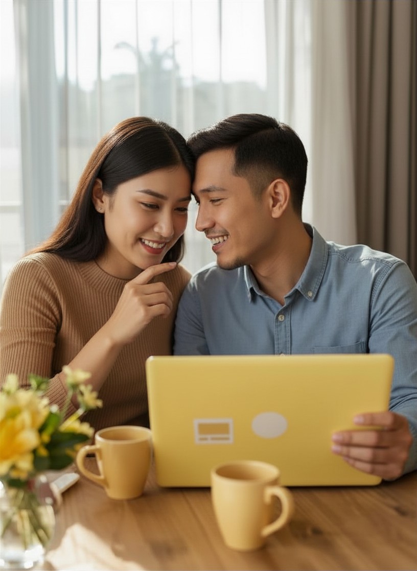 Couple planning their wedding guest list together on a laptop at home while discussing invitations and guest details