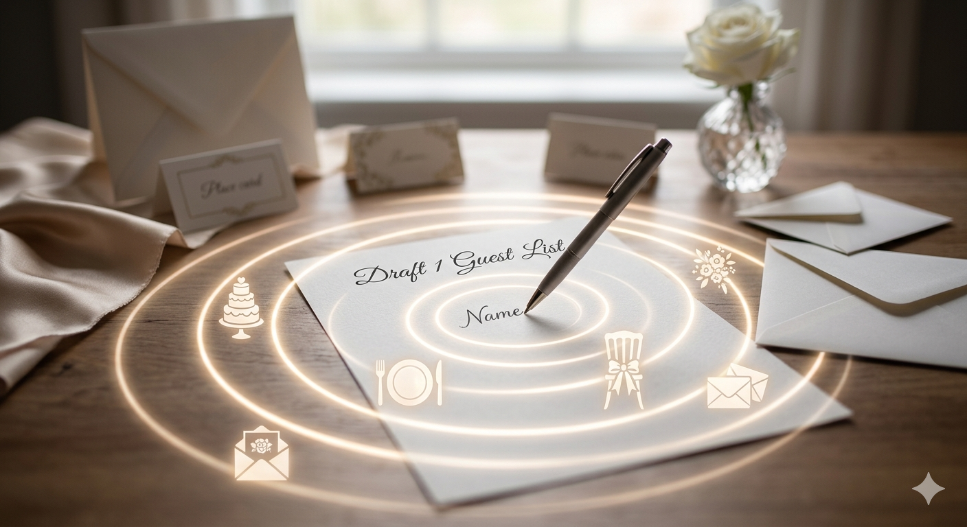 Wedding guest list draft with pen and planning icons illustrating how guest decisions affect budget and wedding planning