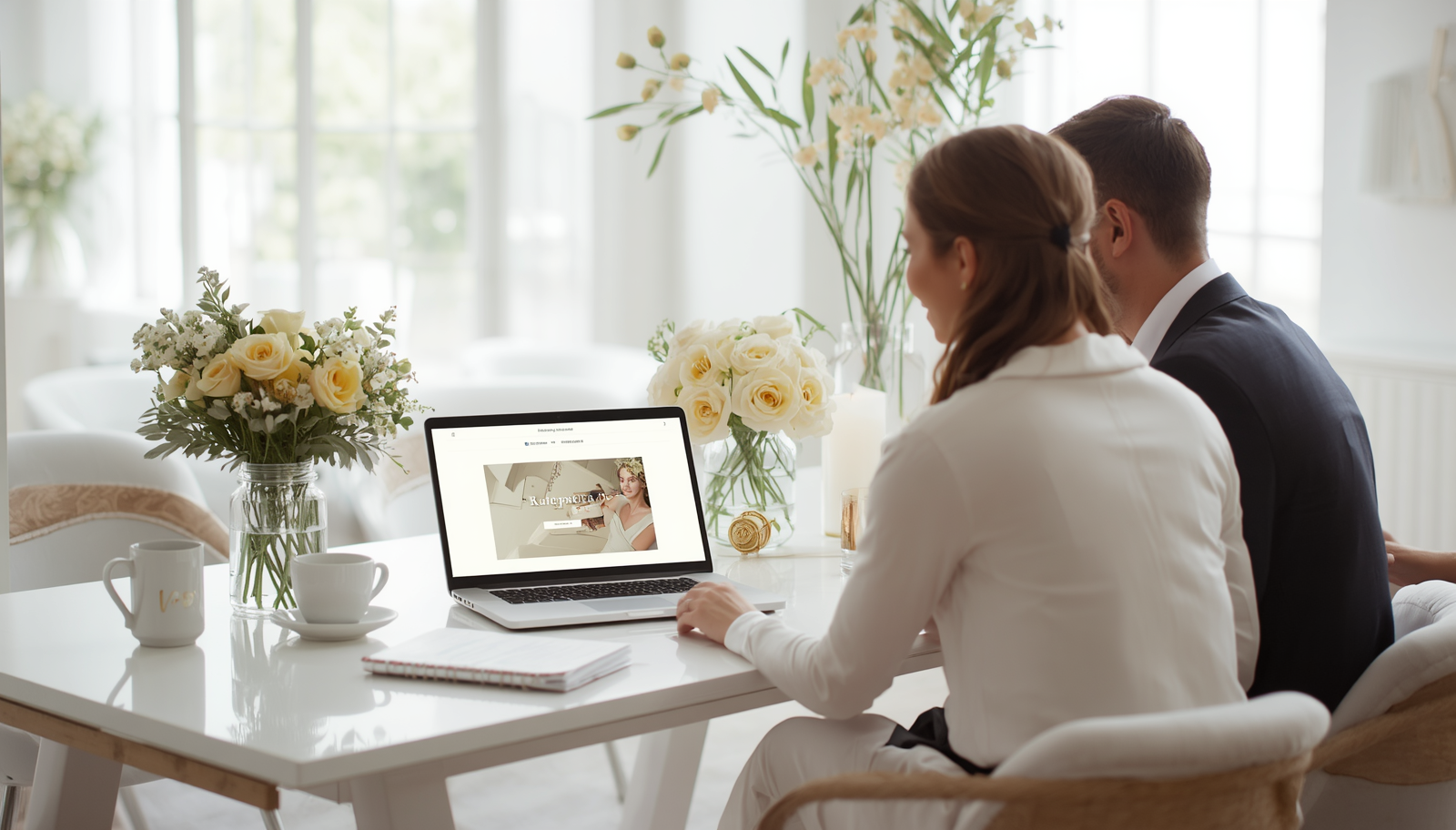Couple reviewing their wedding guest list and RSVPs together on a laptop at a bright table with flowers