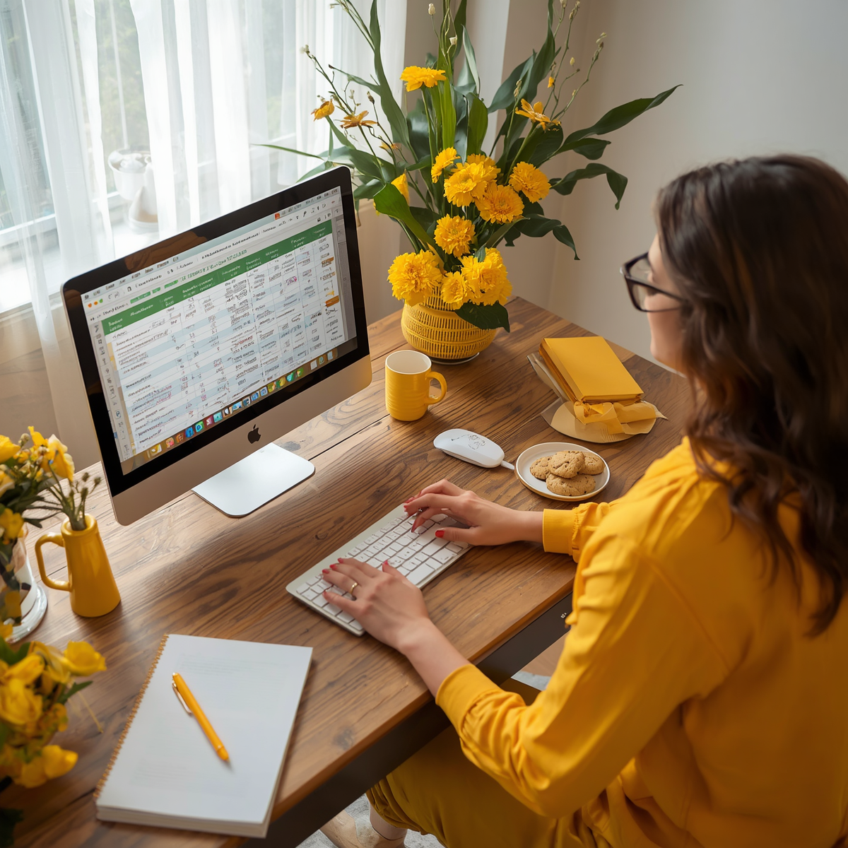 Woman organizing a wedding guest list on a desktop computer using a digital spreadsheet at home