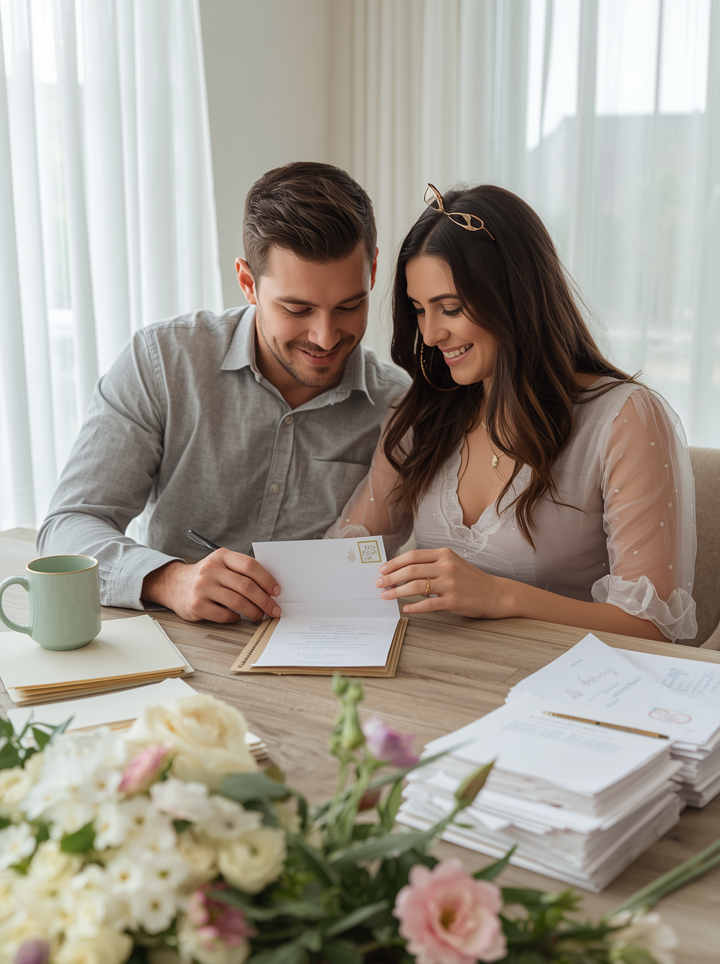 Couple addressing wedding invitations together while reviewing their guest list and preparing envelopes at home