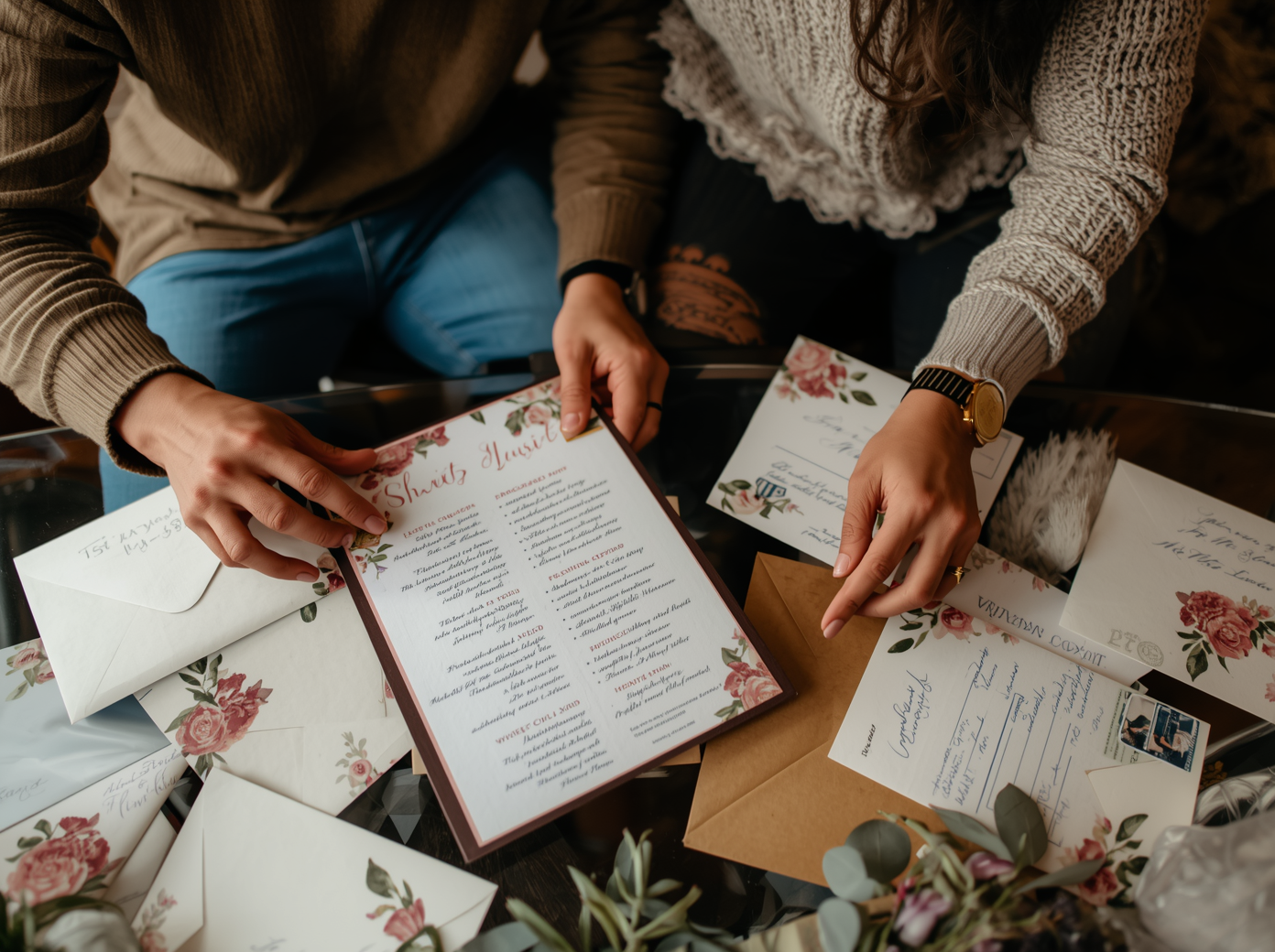 Couple organizing wedding invitations and addressing envelopes while managing their guest list and RSVP responses