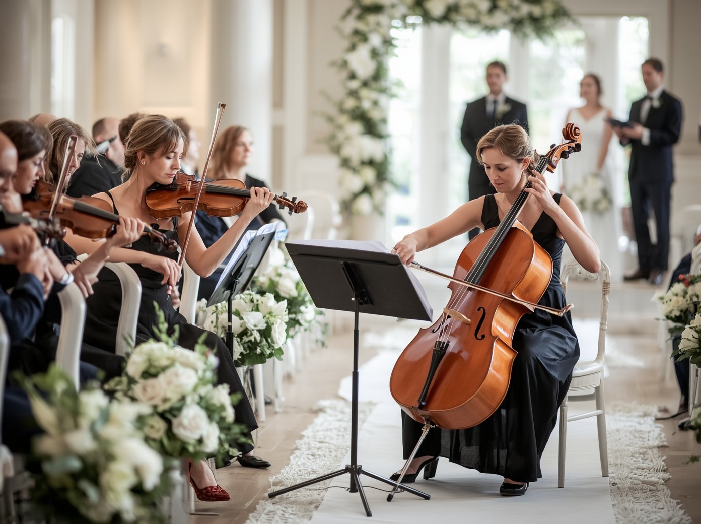 String quartet playing music during a wedding processional ceremony as guests are seated along the aisle