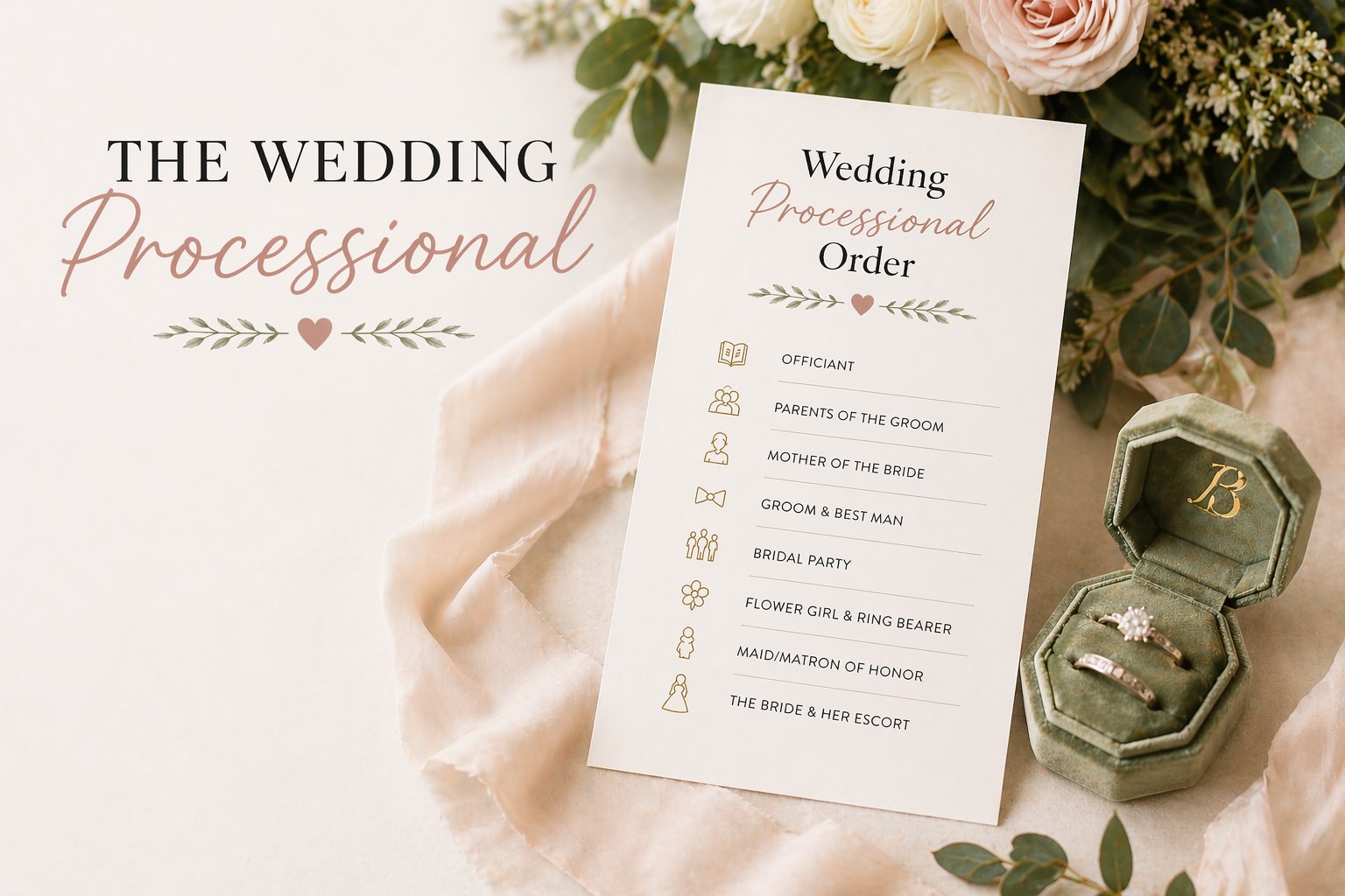 Wedding processional order card with rings and flowers in an elegant flat lay wedding scene