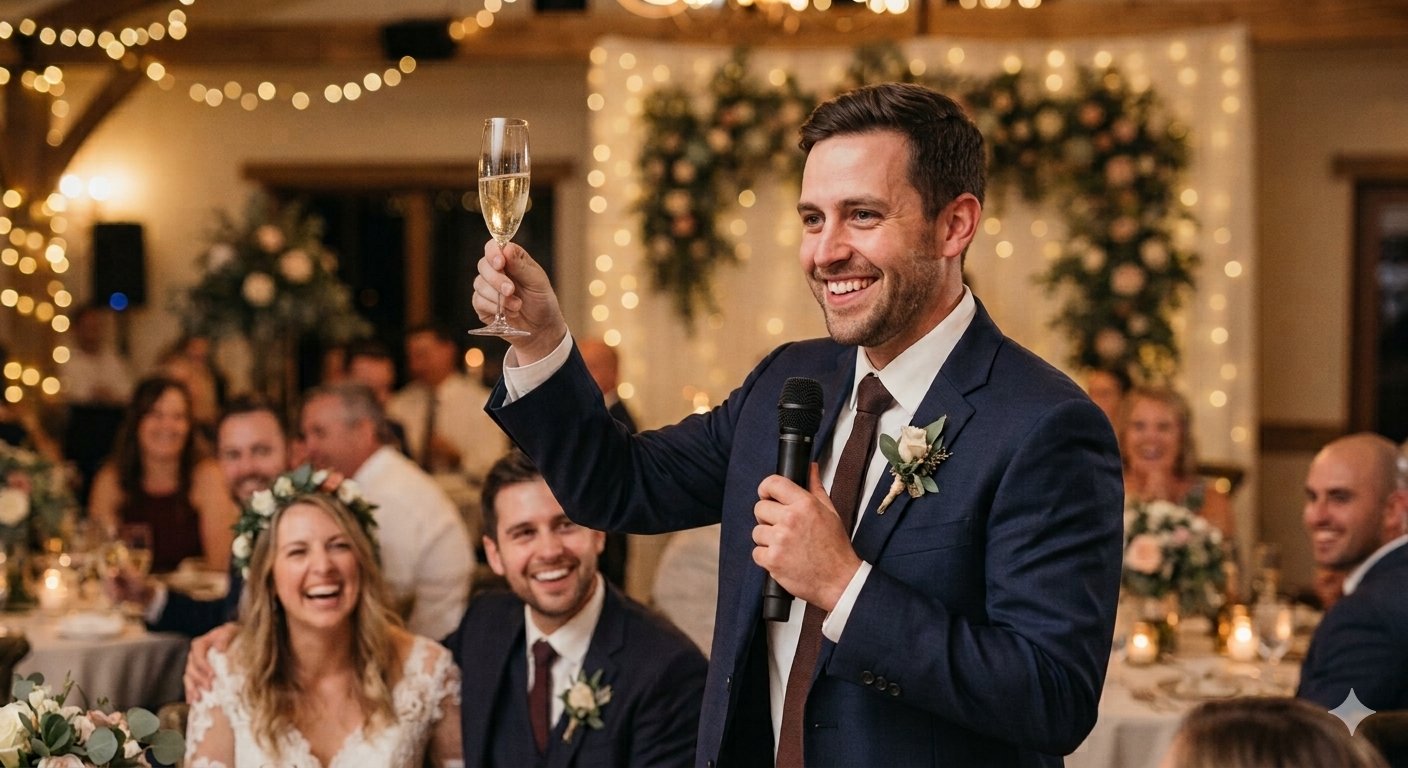 Wedding guest giving a toast as the newly married couple laughs and listens