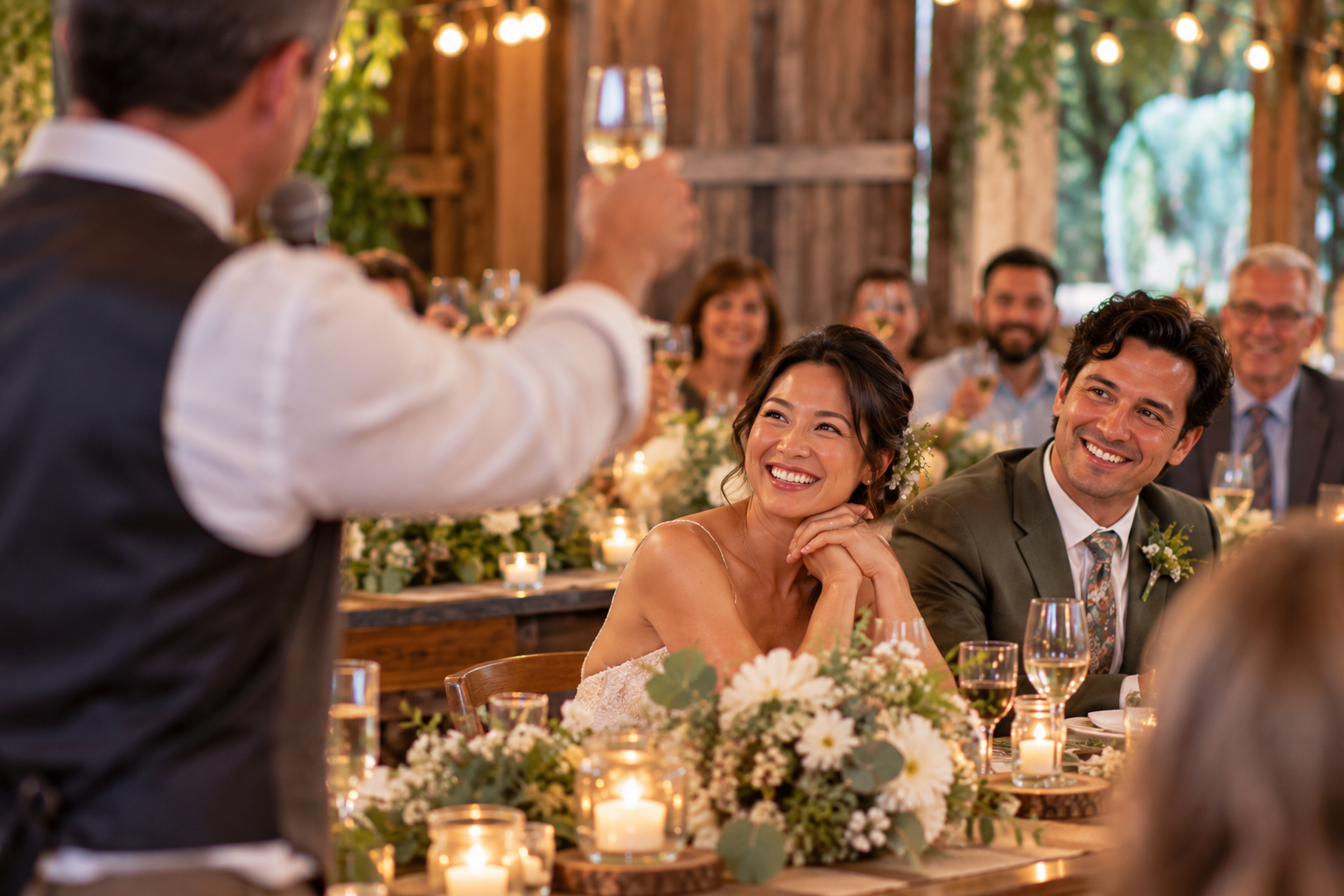 Wedding toast speaker raises a glass toward the newlyweds, keeping the focus on the couple Wedding toast speaker raises a glass toward the newlyweds, keeping the focus on the couple