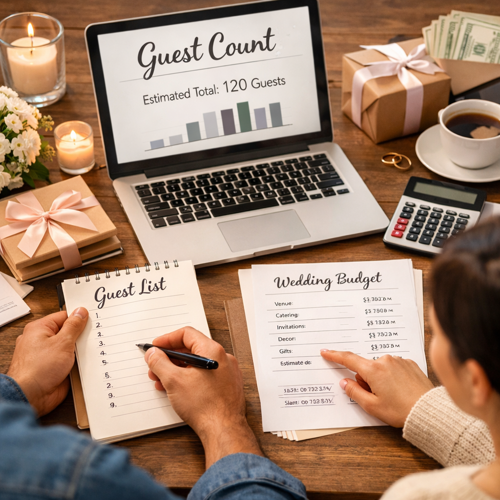 Couple reviewing wedding guest list, budget sheet, and guest count on laptop while planning their wedding