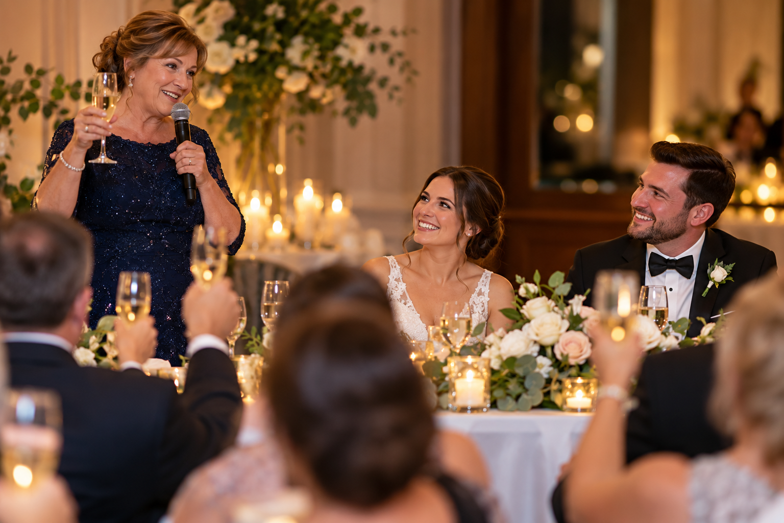 Woman giving a wedding toast as the newly married couple smiles and listens at their reception Woman giving a wedding toast as the newly married couple smiles and listens at their reception