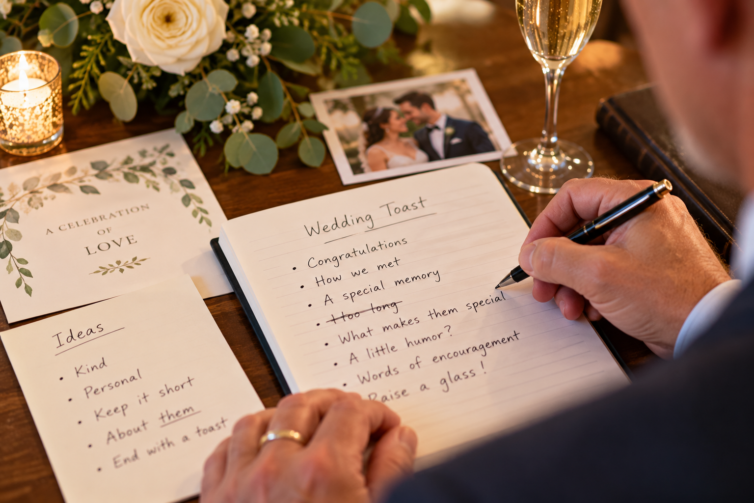 Handwritten wedding toast being prepared with personal notes and ideas before the reception Handwritten wedding toast being prepared with personal notes and ideas before the reception